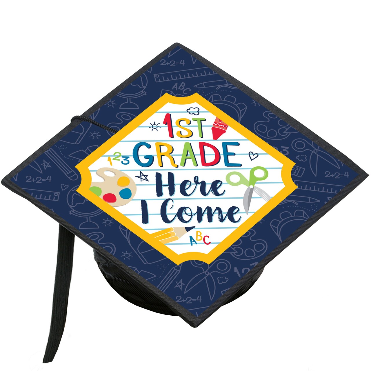 Big Dot of Happiness 1st Grade Here I Come - Kids Kindergarten Graduation Cap Decorations Kit - Grad Cap Cover